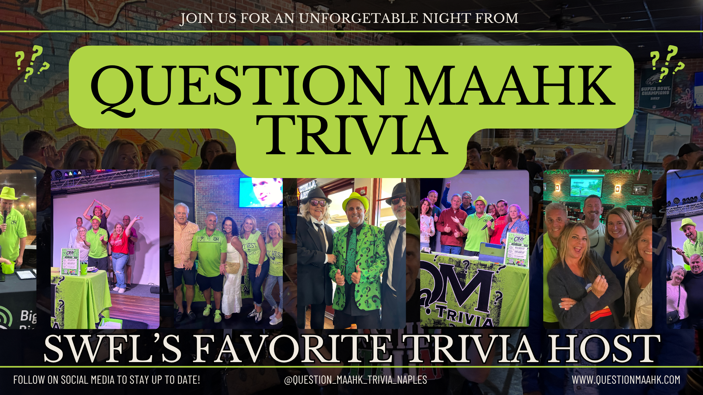 Second Header that includes various pictures of Mark Marino, Question Maahk Trivia's main host with various individuals